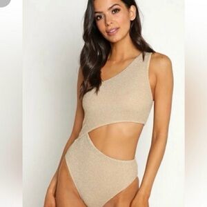 Beach Riot Asymmetric Cutout One-Shoulder Swimsuit in subtle Shimmer Gold